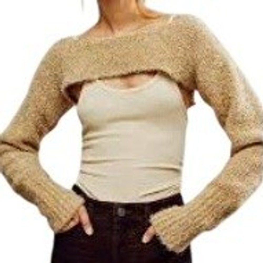 Free People Shimmer Stretch Knit Sweater Bolero in Golden Combo Size READ